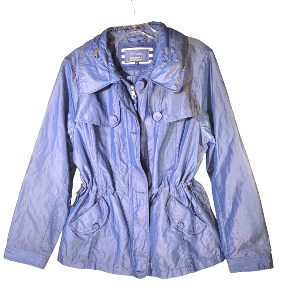 Perfect Rain Jacket Shiny Blue Size 10 US/14 UK PER UNA Hidden Hood Lined LOOK💙